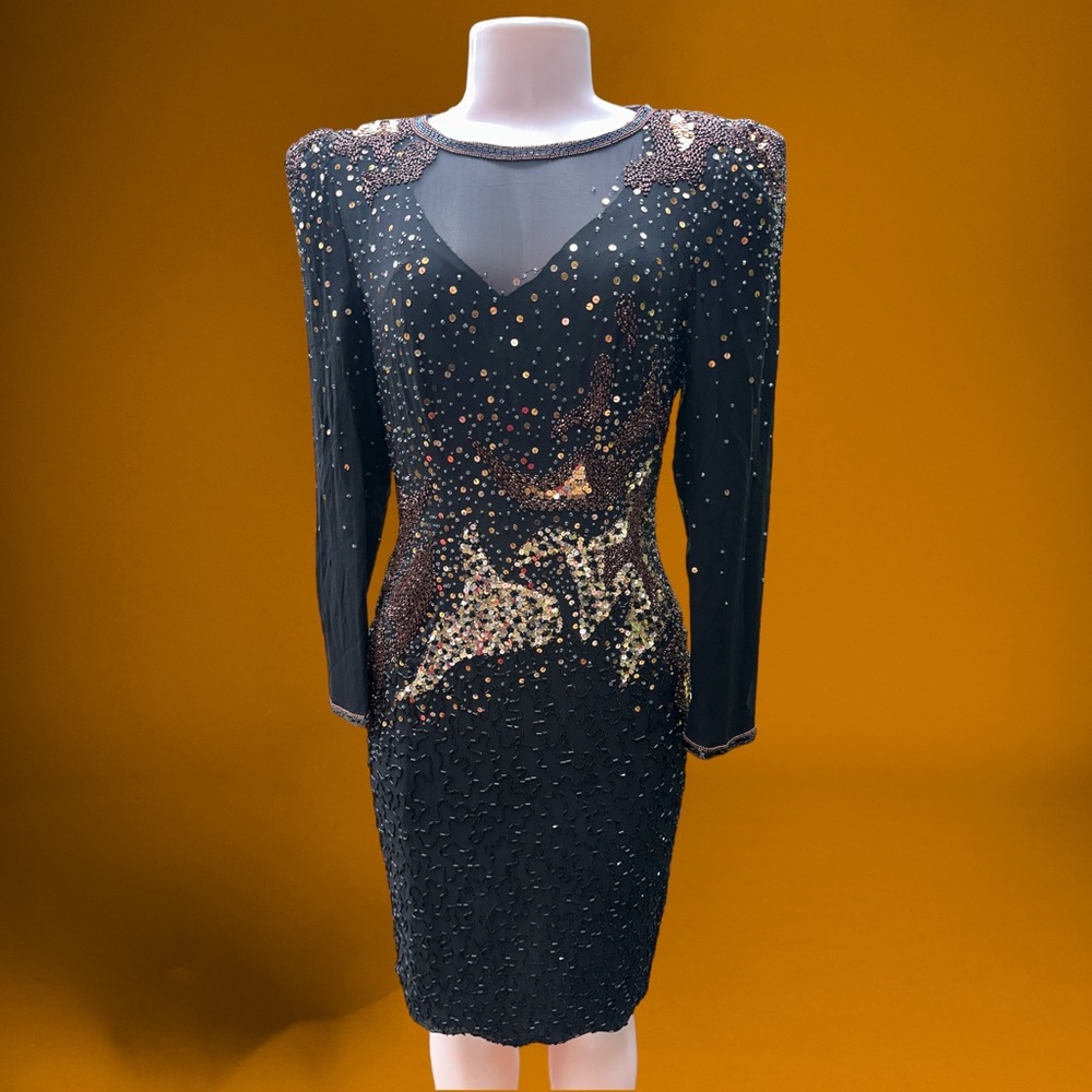 Vintage 80s A.J. Bari Size 6 Black Silk Sequin Beaded Illusion Dress - Picture 1 of 12